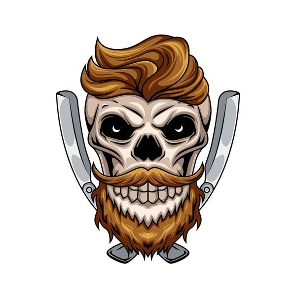 Ilustración Del Personaje Mascota Del Cráneo Humano Barbero Con Navaja — Vector de stock