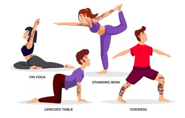 Yoga yapan kadın ve erkeklerin canlandırması.