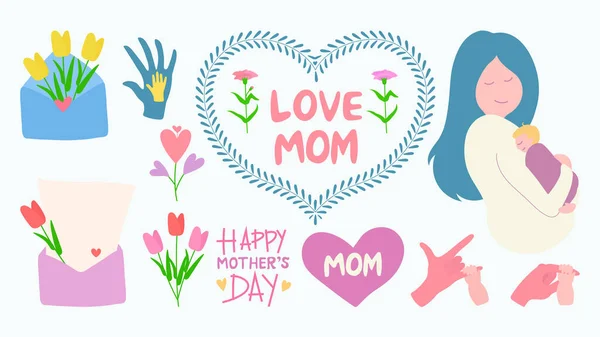 Anneler Günü Çizimi Tarzında Sevimli Dekoratif Öğeler — Stok Vektör