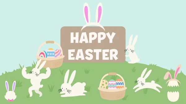 复活节快乐可爱的装饰元素与兔子和鸡蛋 — 图库矢量图片#