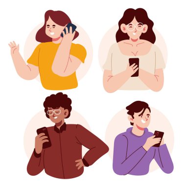 Akıllı telefon taşıyan sevimli çizgi film modern karakterleri izole edilmiş vektör çizimi