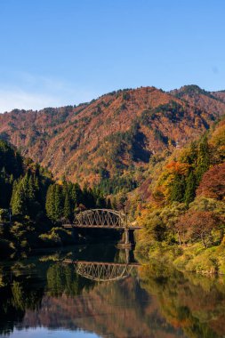 Fukushima, JAPAN - 10 Kasım 2024: Aizu-Mizunuma istasyonu yakınlarındaki Tadami demiryolu kemeri köprüsü