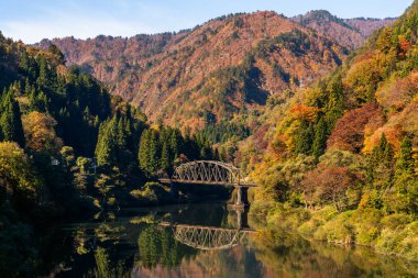 Fukushima, JAPAN - 10 Kasım 2024: Aizu-Mizunuma istasyonu yakınlarındaki Tadami demiryolu kemeri köprüsü