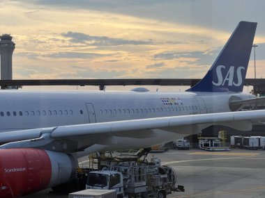 NEWARK NJ - 1 Temmuz 2022 'de New Jersey' deki Liberty Uluslararası Havalimanı 'nda görülen SAS Havayolları uçağı.