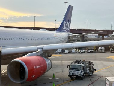 NEWARK NJ - 1 Temmuz 2022 'de New Jersey' deki Liberty Uluslararası Havalimanı 'nda görülen SAS Havayolları uçağı.