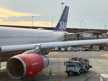 NEWARK NJ - 1 Temmuz 2022 'de New Jersey' deki Liberty Uluslararası Havalimanı 'nda görülen SAS Havayolları uçağı.