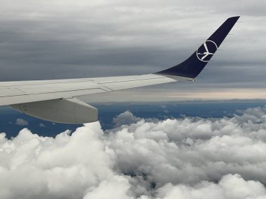 OSLO, NORway - 2 Temmuz 2022 'den itibaren LOT Polonya Havayollarının Kanatlarıyla Avrupa' nın havadan görünüşü. 