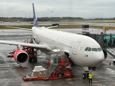 OSLO, NORway - 2 Temmuz 2022 tarihinde Norveç 'teki Oslo Havaalanı' nda görülen SAS Airlines uçağı.