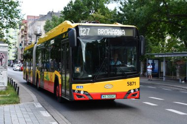WARSAW, POLAND - JUL 12: Electric Public Bus in Warsaw, Poland, as seen on July 12, 2022.