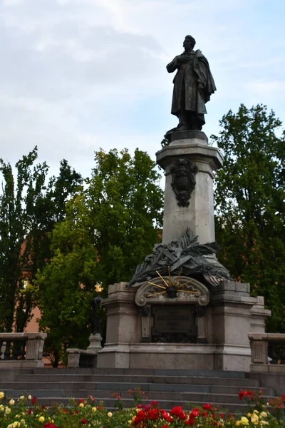 WARSAW, POLAND - JUL 10: Adam Mickiewicza Monument in Warsaw, Poland, as seen on July 10, 2022.