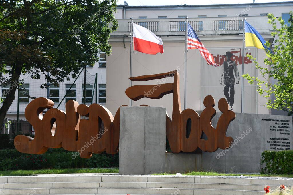 WARSAW, POLAND - JUL 2: Solidarity sign at Solidarnosc in Warsaw, Poland, as seen on July 2, 2022.