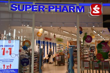 WARSAW, POLAND - JUL 16: Super-Pharm Apteka at Westfield Arkadia shopping mall in Warsaw, Poland, as seen on July 16, 2022.