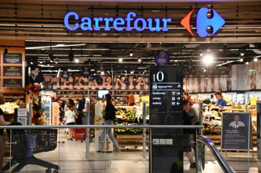 WARSAW, POLAND - JUL 16: Carrefour store at Galeria Mokotow shopping mall in Warsaw, Poland, as seen on July 16, 2022.