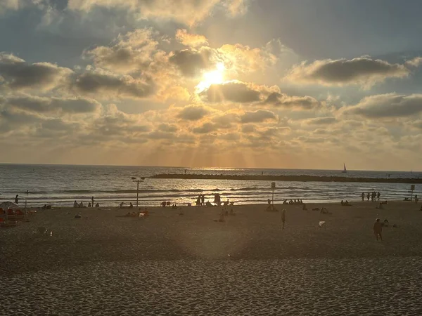 stock image TEL AVIV, ISRAEL - JUL 18: Sunset view from the beach in Tel Aviv, Israel, as seen on July 18, 2021.