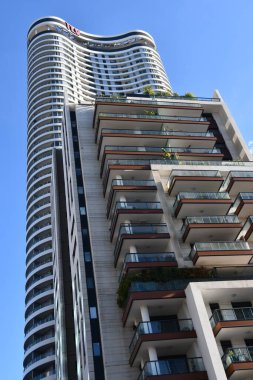 TEL AVIV, ISRAEL - JUL 18: Gindi Towers in Tel Aviv, Israel, as seen on July 18, 2022.