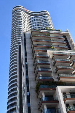 TEL AVIV, ISRAEL - JUL 18: Gindi Towers in Tel Aviv, Israel, as seen on July 18, 2022.