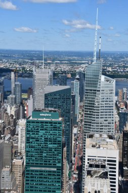 NEW YORK, NY - JUN 19: View of the Salesforce Building from The Summit observation deck at One Vanderbilt in Manhattan, New York City, as seen on June 19, 2022.