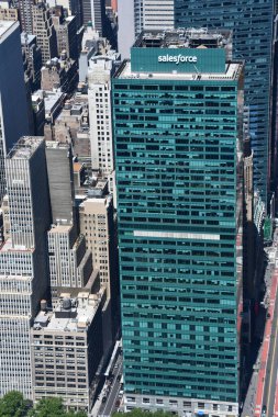 NEW YORK, NY - JUN 19: View of the Salesforce Building from The Summit observation deck at One Vanderbilt in Manhattan, New York City, as seen on June 19, 2022.
