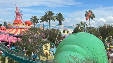 ORLANDO FL - DEC 30: The High in the Sky Seuss Trolley Train Ride at Seuss Landing at Universal Islands of Adventure in Orlando, Florida, as seen on Dec 30, 2022.