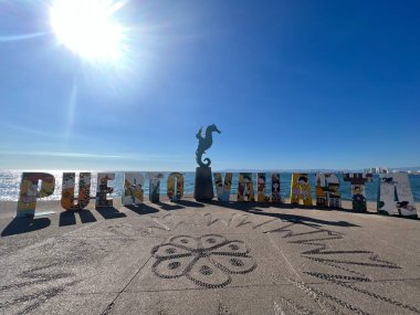 PUERTO VìRTA, MEXICO - 11 Nisan 2023 'te Meksika' nın Puerto Vallarta kentindeki Malecon 'da Rafael Zamarripa' nın Deniz Atında Çocuk heykeli.