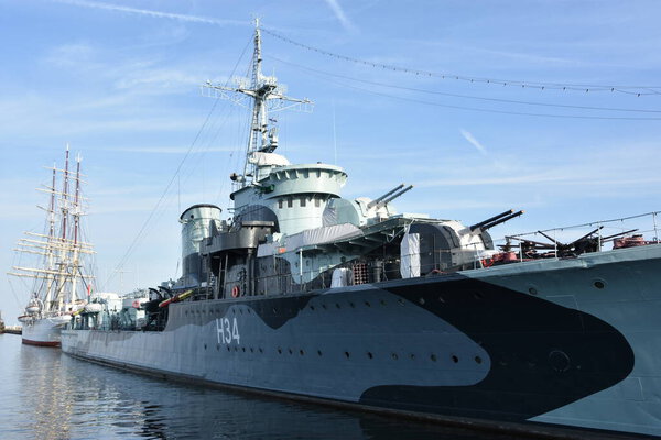 GDYNIA, POLAND - AUG 23: ORP Blyskawica (H34) Lightning Ship Museum in Gdynia, Poland, as seen on Aug 23, 2019.