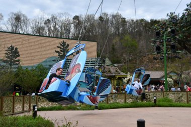 SEVIERVILLE TN - 13 Nisan 2022 'de görülen Sevierville, Tennessee' deki Dollywood Tema Parkı 'nda Çılgın Alaycı Kuş gezisi.