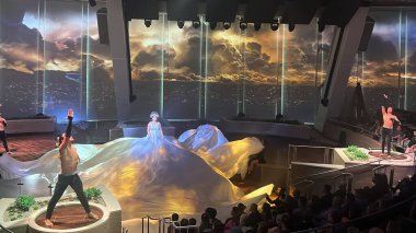 SEATTLE, WA - 21 AUG: 21 Ağustos 2019 'da görüldüğü gibi Seattle, Washington' dan denize açılmış olan Royal Caribbean yolcu gemisindeki Starwater şovu.