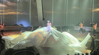 SEATTLE, WA - 21 AUG: 21 Ağustos 2019 'da görüldüğü gibi Seattle, Washington' dan denize açılmış olan Royal Caribbean yolcu gemisindeki Starwater şovu.