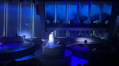 SEATTLE, WA - 21 AUG: 21 Ağustos 2019 'da görüldüğü gibi Seattle, Washington' dan denize açılmış olan Royal Caribbean yolcu gemisindeki Starwater şovu.