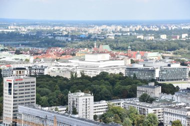 WARsaw, POLAND - 17 Ağustos 2019 'da Polonya' nın Varşova kentindeki Kültür ve Bilim Sarayı 'nın Gözlem Güvertesi' nden şehrin havadan görünüşü.