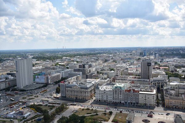 WARSAW, POLAND - AUG 17: Aerial view of the city from the Observation Deck of Palace of Culture and Science in Warsaw, Poland, as seen on Aug 17, 2019.