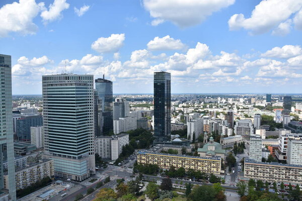 WARSAW, POLAND - AUG 17: View of Centrum, from the Observation Deck atop the Palace of Culture and Science, in Warsaw, Poland, as seen on Aug 17, 2019.