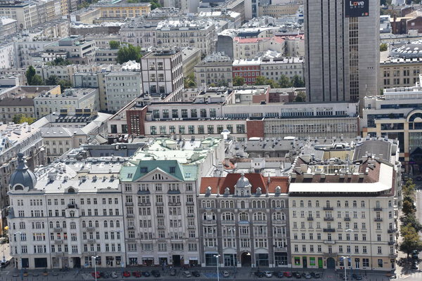 WARSAW, POLAND - AUG 17: View of Centrum, from the Observation Deck atop the Palace of Culture and Science, in Warsaw, Poland, as seen on Aug 17, 2019.