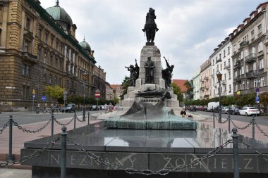 KRAKOW, POLAND - 12 Ağustos 2019 'da Polonya' nın Krakow kentindeki Grunwald Anıtı.