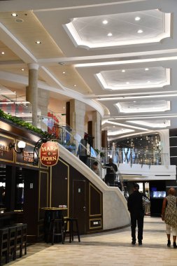 SEATTLE WA - 21 AUG: 21 Ağustos 2023 'te görüldüğü gibi, Seattle, Washington' dan denize açılan Royal Caribbean yolcu gemisinin Quantum 'u.