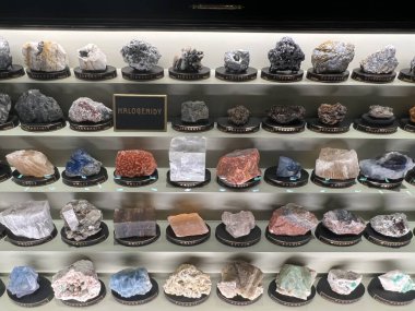 PRAG, CZECH REPUBLIC - 7 Temmuz 2022 'de Çek Cumhuriyeti' nin Prag kentindeki Ulusal Müze 'deki Mineraller Salonları.