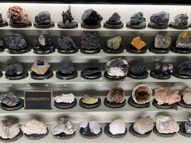 PRAG, CZECH REPUBLIC - 7 Temmuz 2022 'de Çek Cumhuriyeti' nin Prag kentindeki Ulusal Müze 'deki Mineraller Salonları.