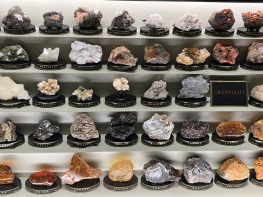 PRAG, CZECH REPUBLIC - 7 Temmuz 2022 'de Çek Cumhuriyeti' nin Prag kentindeki Ulusal Müze 'deki Mineraller Salonları.