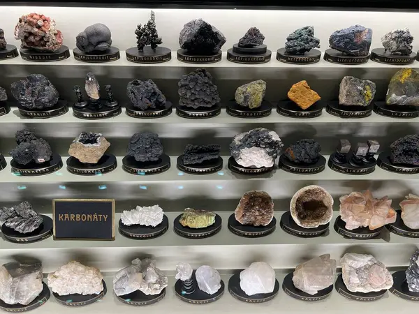 PRAG, CZECH REPUBLIC - 7 Temmuz 2022 'de Çek Cumhuriyeti' nin Prag kentindeki Ulusal Müze 'deki Mineraller Salonları.