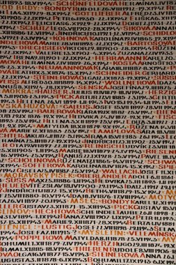 PRAG, CZECH REPUBLIC - 8 Temmuz 2022 'de Çek Cumhuriyeti' nin Prag kentindeki Pinkas Sinagogu 'ndaki Yahudi Soykırımı Anıtı.