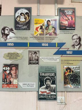 MUMBAI, INDIA - 21 Şubat 2024 'te Hindistan' ın Mumbai kentindeki Hint Sineması Ulusal Müzesi 'nde gösterilen Hint Sinemasının Zaman Çizelgesi.