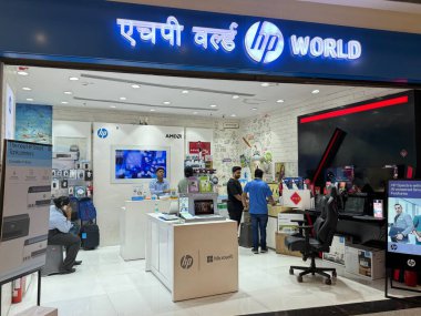 MUMBAI, INDIA - FEB 23: HP World store at Phoenix Marketcity Mall in the Kurla area of Mumbai, India, as seen on Feb 23, 2024. clipart