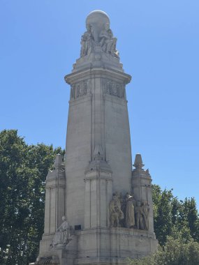 MADRID, İspanya - 15 AUG: 15 Ağustos 2024 'te İspanya' nın Madrid kentindeki Plaza de Espana 'da Miguel de Cervantes anıtı.