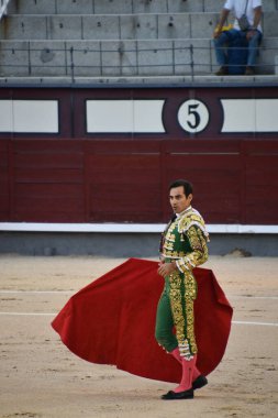 MADRID, İspanya - 15 Ağustos 2024 'te İspanya' nın Madrid şehrindeki Plaza de Toros de Las Ventas boğa güreşi ringinde görülen boğa güreşi.