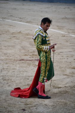 MADRID, İspanya - 15 Ağustos 2024 'te İspanya' nın Madrid şehrindeki Plaza de Toros de Las Ventas boğa güreşi ringinde görülen boğa güreşi.