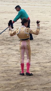 MADRID, İspanya - 15 Ağustos 2024 'te İspanya' nın Madrid şehrindeki Plaza de Toros de Las Ventas boğa güreşi ringinde görülen boğa güreşi.