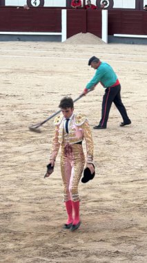MADRID, İspanya - 15 Ağustos 2024 'te İspanya' nın Madrid şehrindeki Plaza de Toros de Las Ventas boğa güreşi ringinde görülen boğa güreşi.