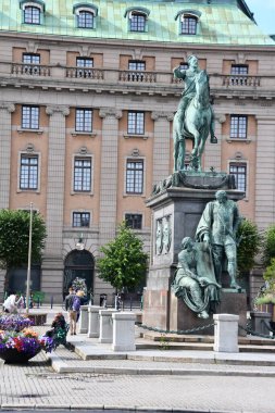 STOCKHOLM, SWEDEN - JUL 30: Equestrian statue of Gustav II Adolf outside the Royal Swedish Opera House in Stockholm, Sweden, as seen on July 28, 2023. clipart