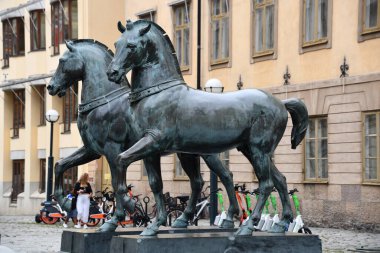 STOCKHOLM, SWEDEN - JUL 30: The Horses of Saint Mark sculpture in Stockholm, Sweden, as seen on July 28, 2023. clipart