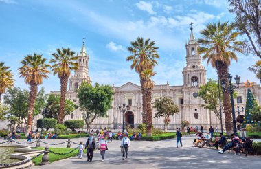 Arequipa, Peru - January 11, 2022: People in the central square of the city.